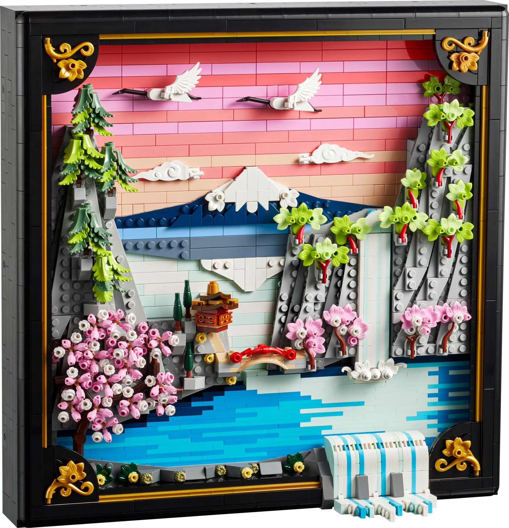 A vibrant LEGO set depicting a Japanese cherry blossom landscape with pink flowers, a waterfall, mountains, and cranes against a colorful sunset sky.