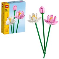 LEGO Botanicals Lotus Flowers set with pink and white brick petals, green stems, and decorative box.
