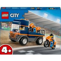 LEGO City Motorcycle Transporter Set 60491 with blue truck, orange motorcycle, and mini-figure rider.