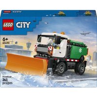 LEGO City Snowplough Construction Set 60490 with orange plow, green cargo area, and 263 pieces in colorful packaging.