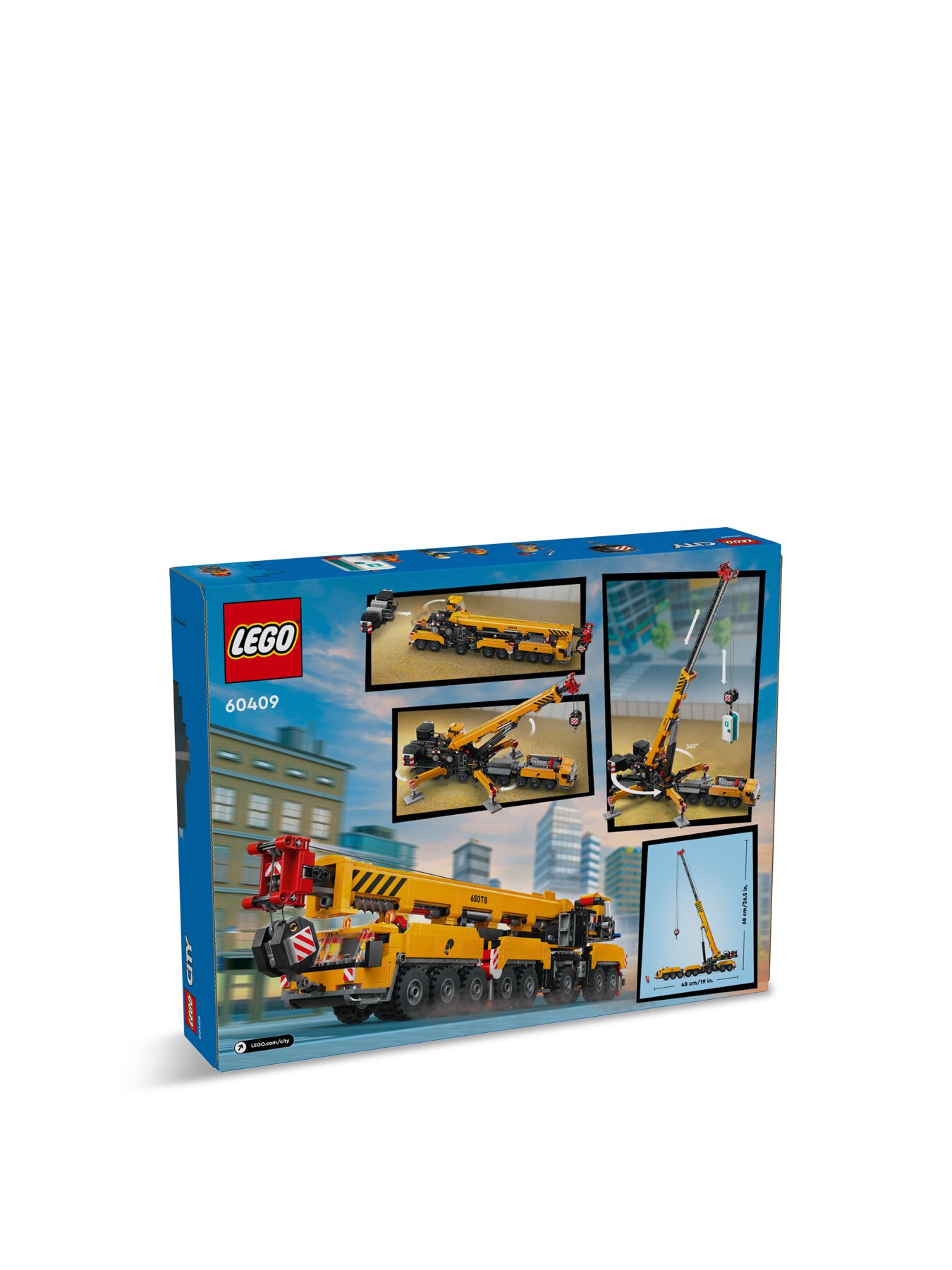 Yellow LEGO City mobile construction crane set 60409, featuring a detailed box design with images of the crane, truck, and construction scenes, all set against a city backdrop.