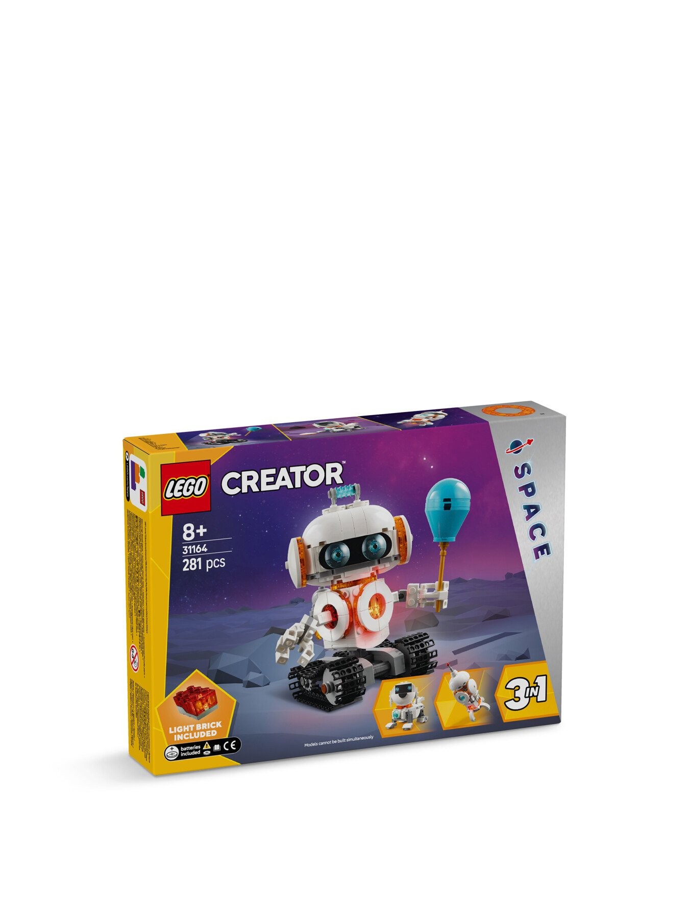 LEGO Creator "Space Robot" set featuring a colorful box design with a robot holding a blue balloon, showcasing vibrant colors and space-themed graphics, containing 281 pieces.