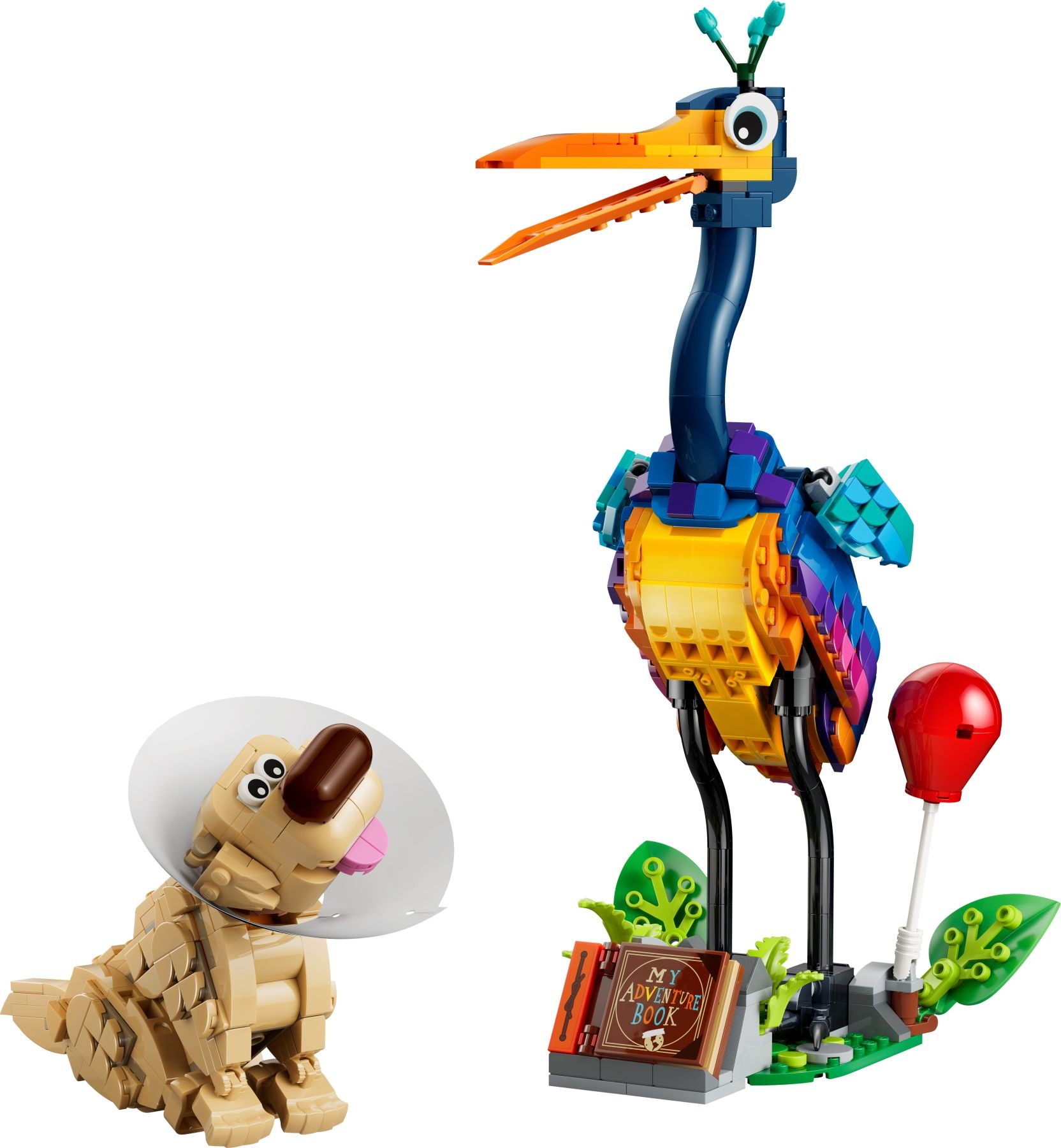 Colorful LEGO set featuring a blue and orange bird with a peacock-like tail and a tan dog wearing a cone, alongside a book and a red balloon on a green base.