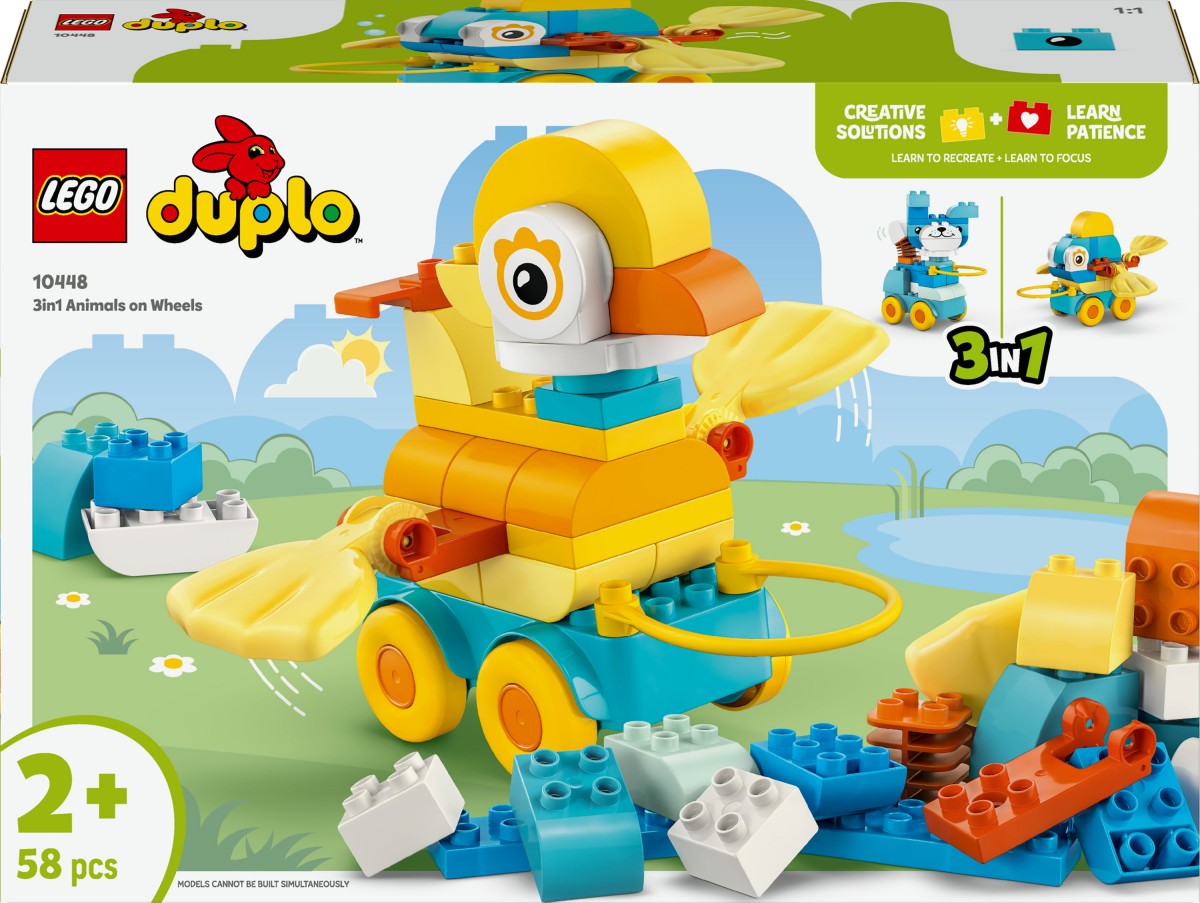 Colorful LEGO Duplo set featuring a yellow and orange bird on wheels, with blue and green blocks, designed for ages 2+, includes 58 pieces for 3-in-1 animal creations.