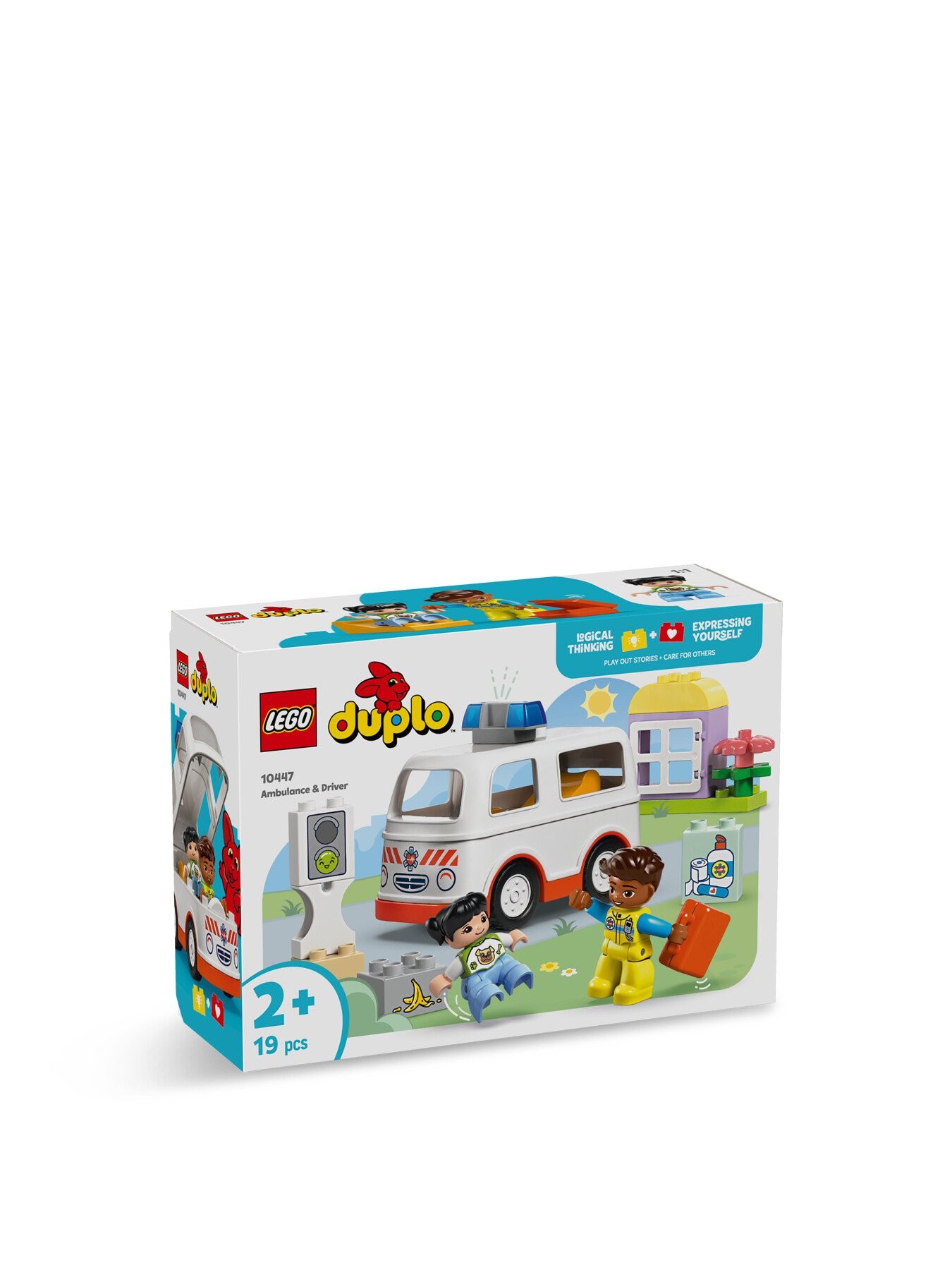 LEGO Duplo "Ambulance & Driver" set featuring a white ambulance with red stripes, a paramedic figure, and various colorful accessories for imaginative play.