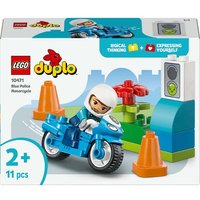 LEGO Duplo Police Motorcycle set with blue bike, officer figure, traffic light, and orange cones.