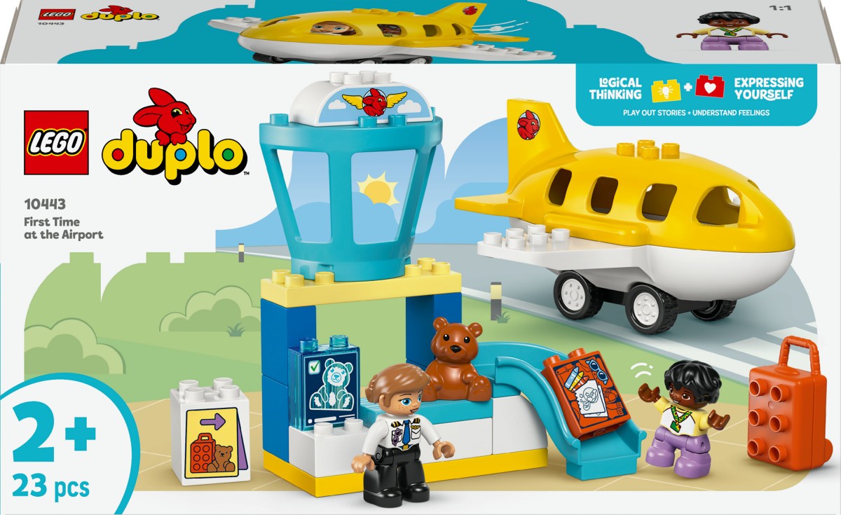 Colorful LEGO Duplo set featuring a yellow airplane, airport tower, a bear, two figures, a suitcase, and various accessories, designed for young children aged 2 and up.
