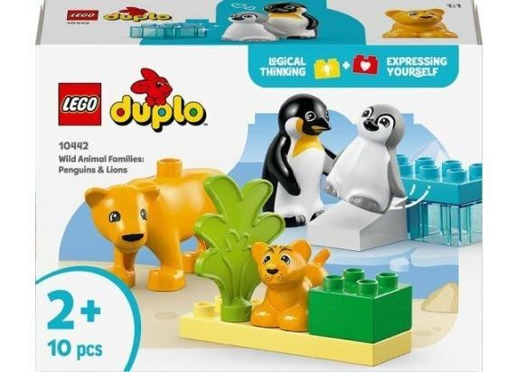 Colorful LEGO Duplo set featuring a yellow lion cub, two penguins, a green tree, and building blocks, designed for children aged 2 and up, promoting creative play.