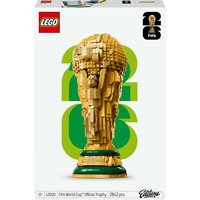 LEGO FIFA World Cup Trophy Set, gold brick construction with green base, in branded packaging.