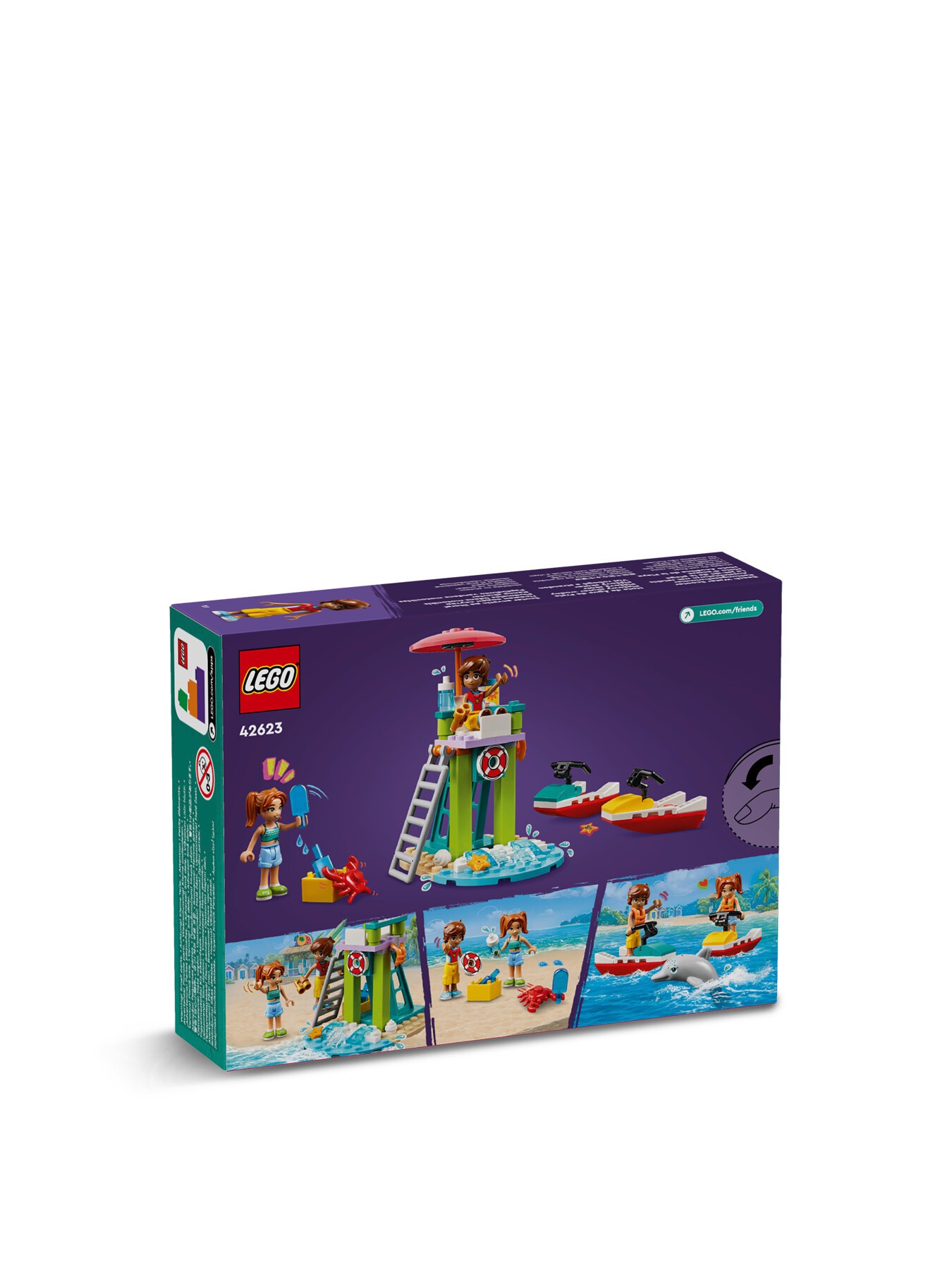 LEGO Friends Beach Water Scooter Construction Set 42623 features a colorful box with images of a beach scene, water scooter, figures, and accessories, highlighting vibrant colors and playful elements.
