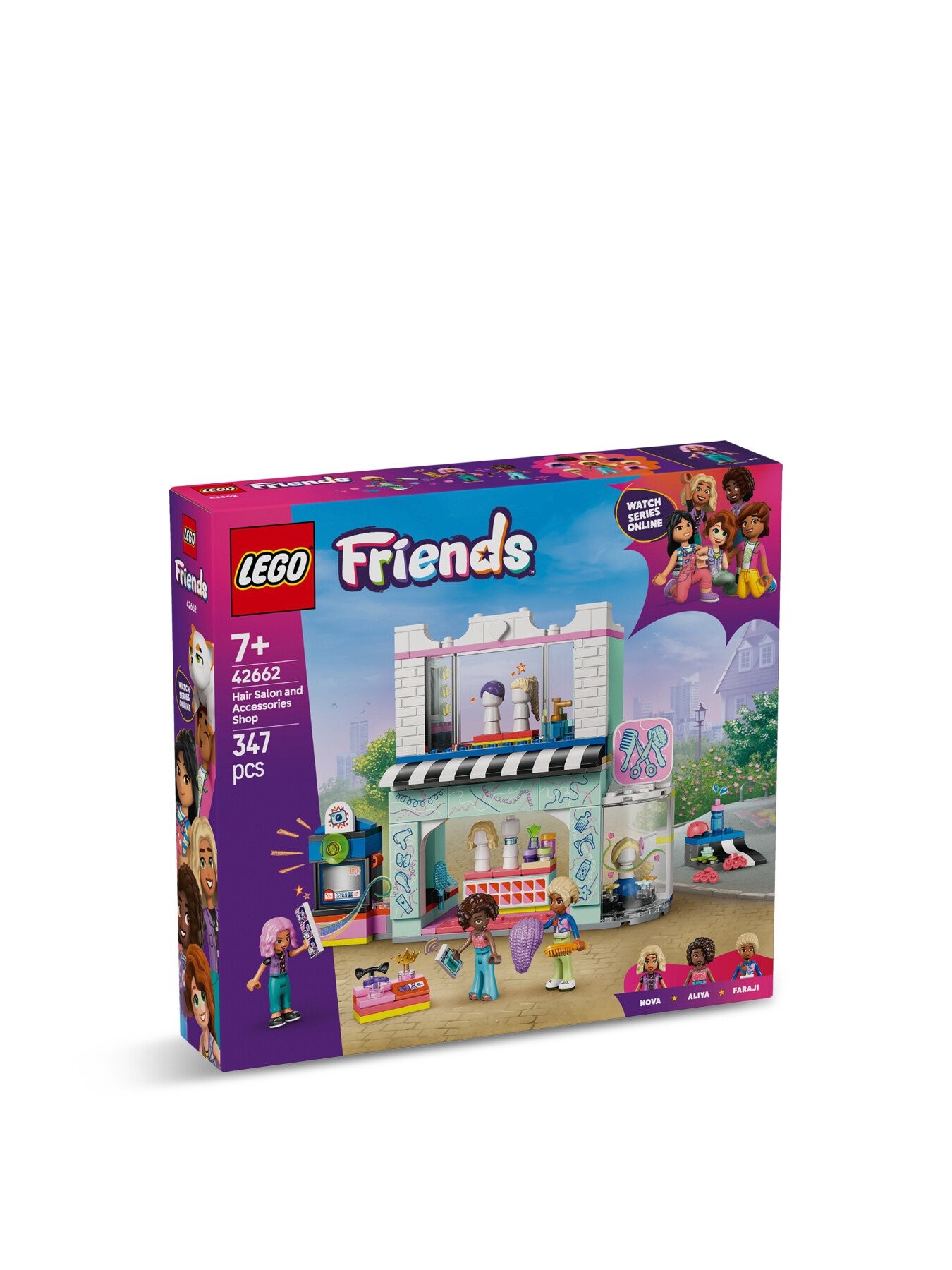 LEGO Friends 42662 set features a colorful hair salon and accessories shop with 347 pieces, showcasing vibrant pinks, blues, and greens, along with mini-doll figures and salon equipment.
