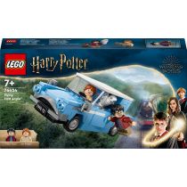 LEGO set 76424 features a blue Flying Ford Anglia with a white roof, accompanied by Harry Potter and Ron Weasley minifigures, set against a magical background.