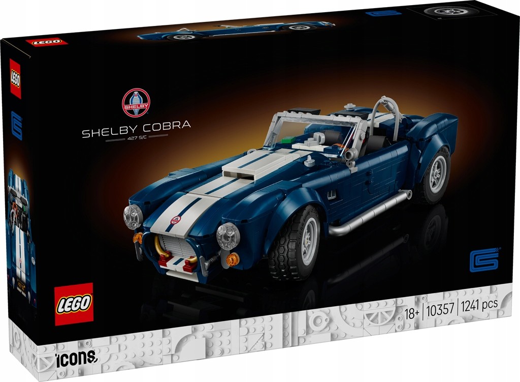 LEGO set 10357 features a detailed model of the Shelby Cobra 427 S/C, showcasing a sleek blue body with white racing stripes and intricate design elements.