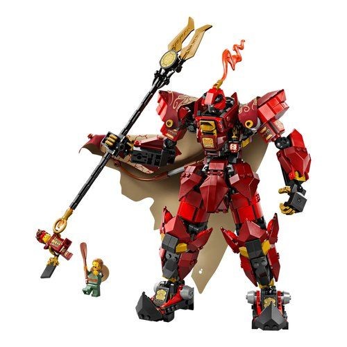 The Fire Knight Mech features a vibrant red and gold color scheme, intricate armor details, a flaming crest, and a large spear, accompanied by a smaller figure in green.