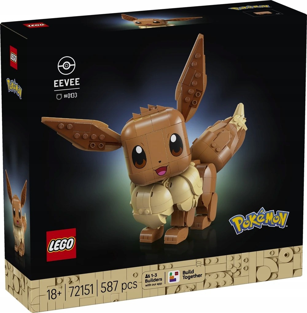 LEGO set featuring Eevee from Pokémon, with a blocky, brown design, large ears, a fluffy tail, and a cheerful expression, packaged in a colorful box.