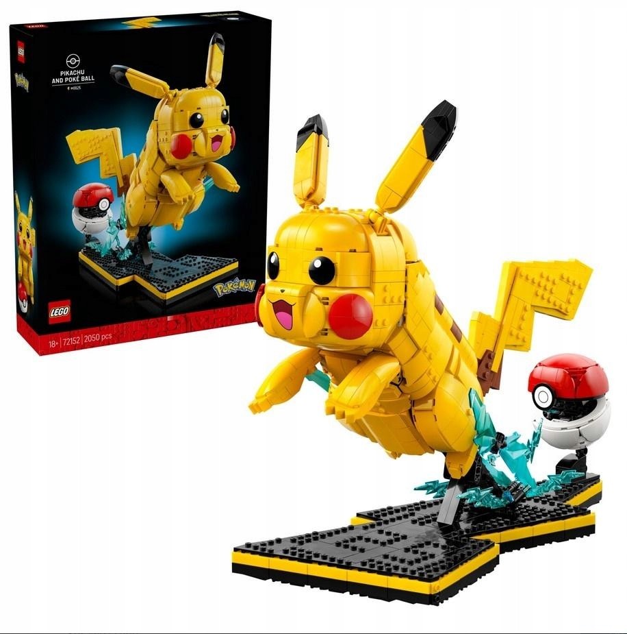 A vibrant yellow Pikachu figure made of LEGO bricks, poised mid-leap with a Poké Ball beside it, set against a black box featuring Pokémon branding.