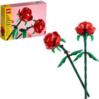 LEGO Roses Flower Bouquet Set 40460 with two red rose builds, green stems, and leaves, box in background.