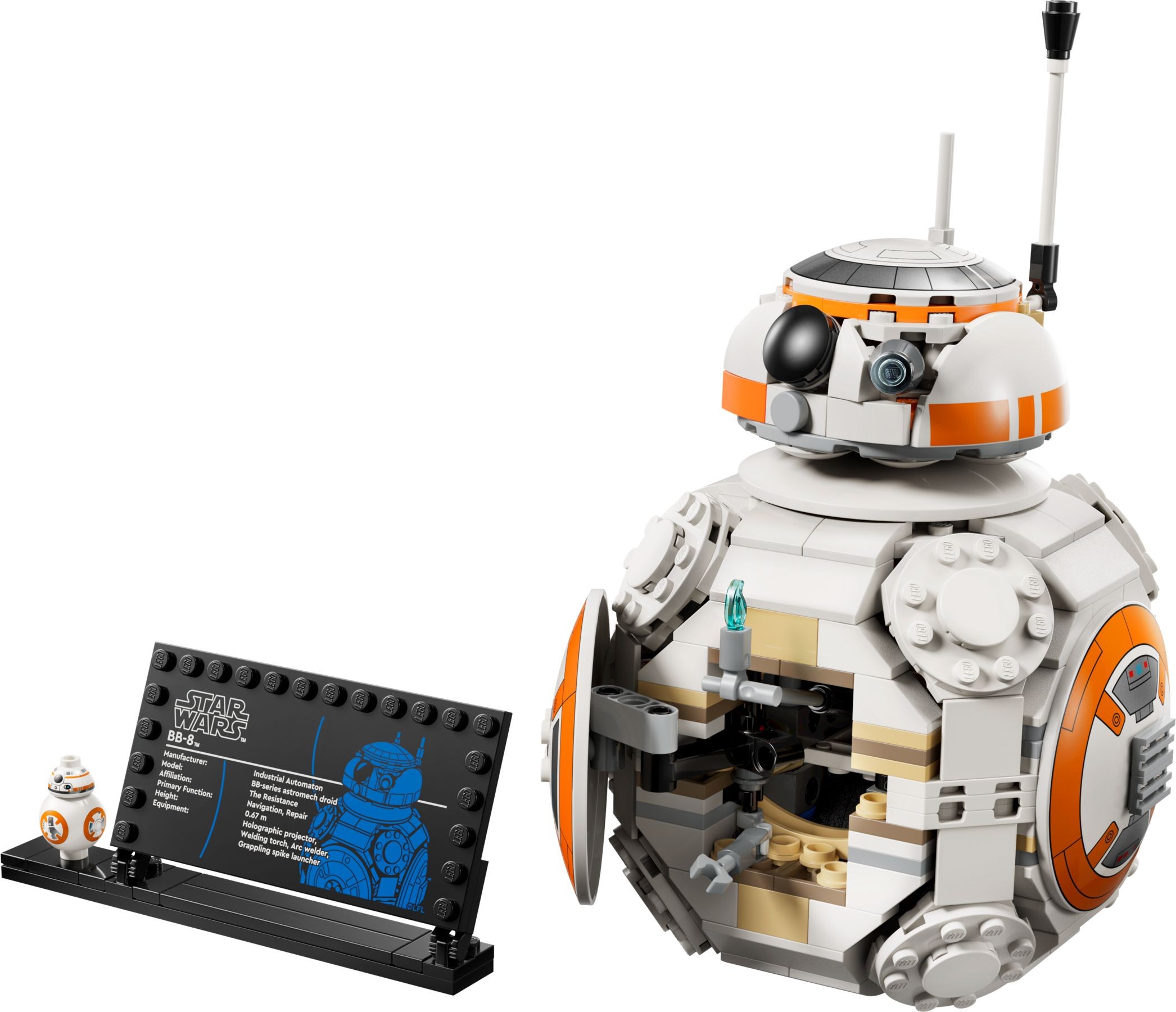 BB-8 Astromech Droid model features a round, white and orange design with a textured surface, movable head, and antenna, alongside a display stand and a small BB-8 figure.