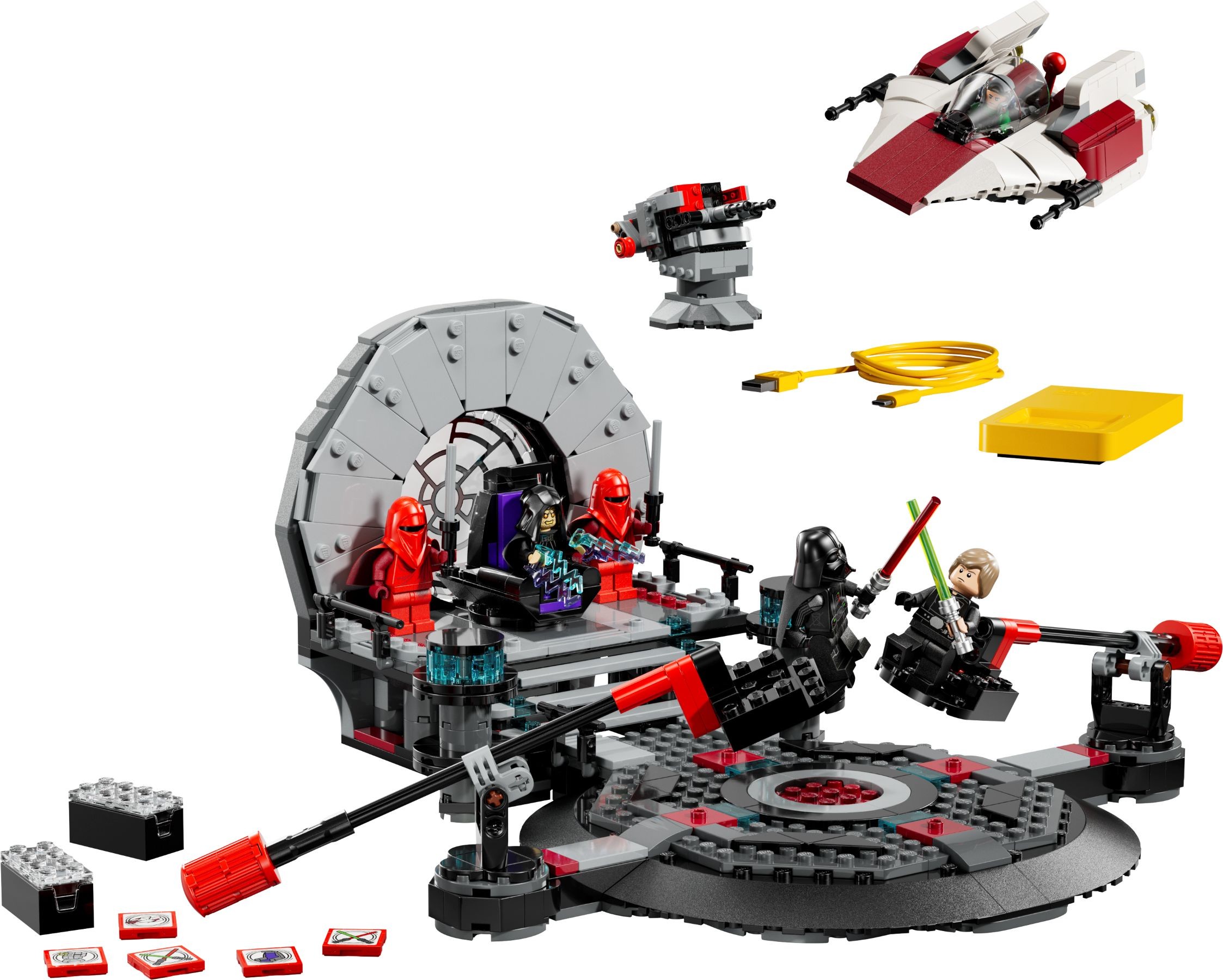 Detailed Star Wars toy set featuring a throne room with a circular platform, two red guards, a black and gray duel scene with lightsabers, and an a-wing starfighter above.