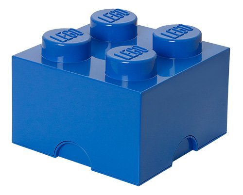 Blue LEGO brick storage container with four raised studs on top, featuring a smooth, glossy finish and a slot for easy access to contents.