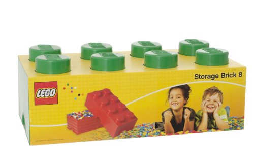 Large green LEGO storage brick with eight studs on top, featuring a vibrant yellow box design and images of two smiling children playing with colorful bricks.