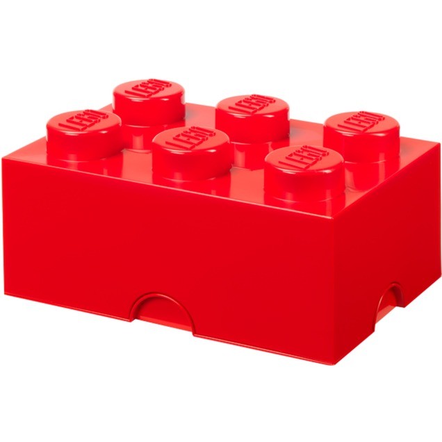 Bright red LEGO storage box resembling a classic LEGO brick, featuring six raised studs on top and a smooth, durable plastic surface.