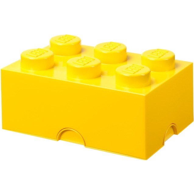 Bright yellow medium LEGO storage brick featuring six raised studs on top, made of durable plastic with a smooth finish and a convenient sliding drawer.