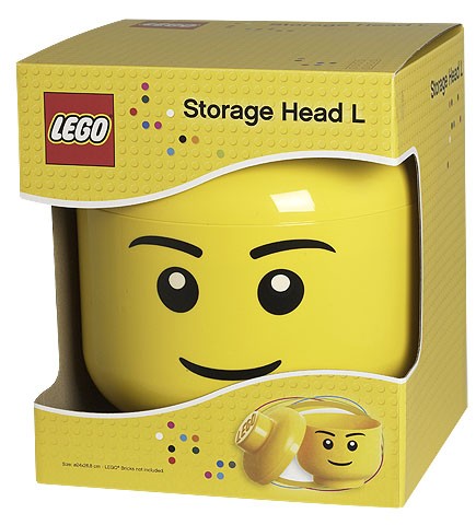 Large yellow LEGO storage head with a smiling face, made of plastic, packaged in a colorful box featuring LEGO branding and playful design elements.