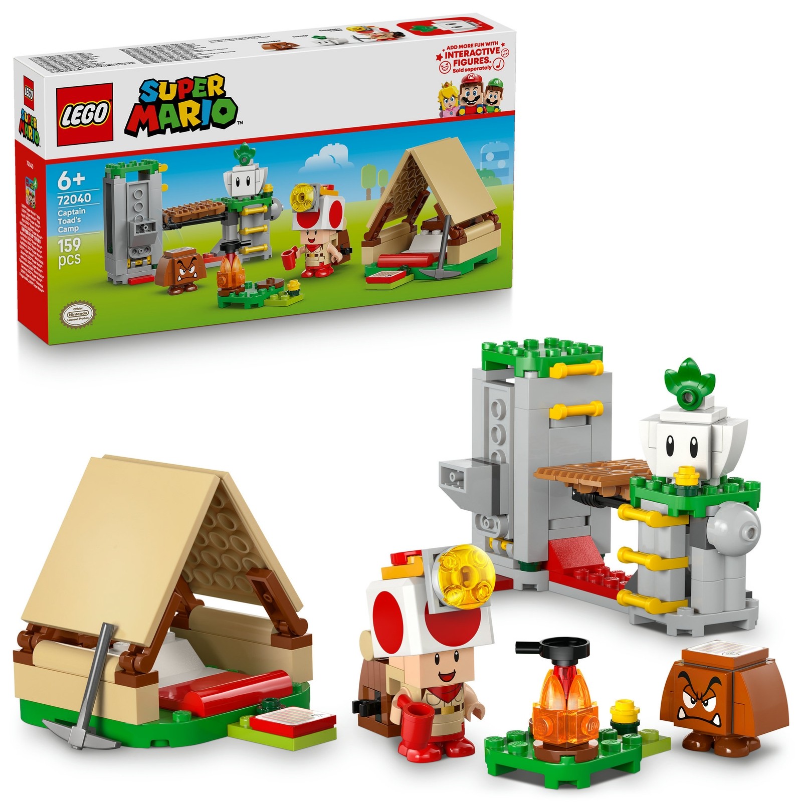 Colorful LEGO set featuring Captain Toad, a tent, and interactive elements like a campfire and a Goomba, with 159 pieces for ages 6 and up.