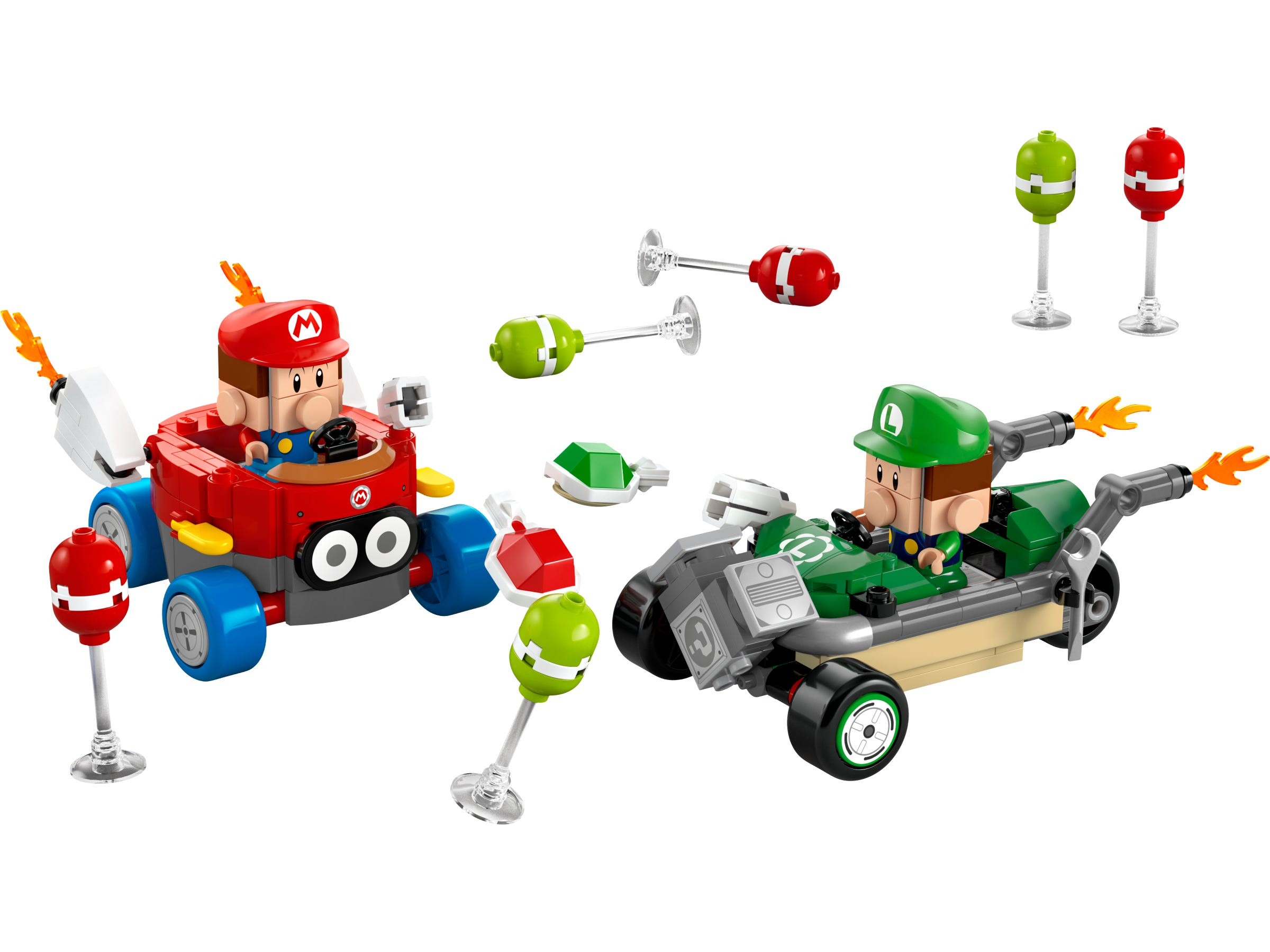 LEGO set features Baby Mario in a red kart and Baby Luigi in a green kart, surrounded by colorful power-up items and accessories, made of plastic.
