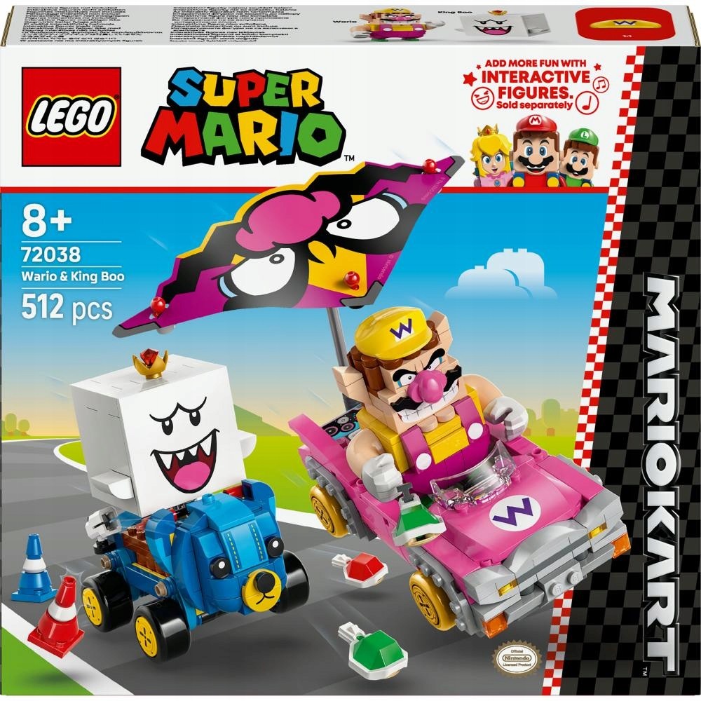 Colorful LEGO set featuring Wario in a pink kart with a large umbrella and King Boo in a blue kart, includes 512 pieces and interactive figures, suitable for ages 8 and up.