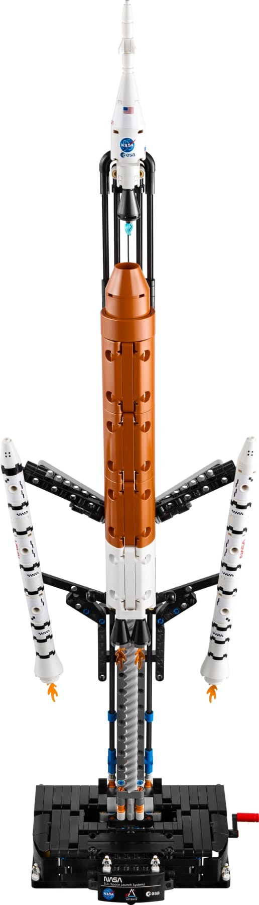 LEGO model of NASA's Artemis Space Launch System Rocket, featuring a tall orange and white rocket with detailed boosters, a black base, and intricate assembly elements.