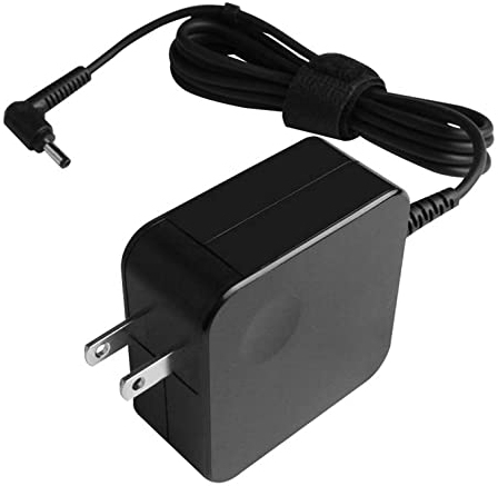 Black Lenovo 45W power adapter with a two-prong plug, featuring a coiled cable and a cylindrical connector for easy indoor use.