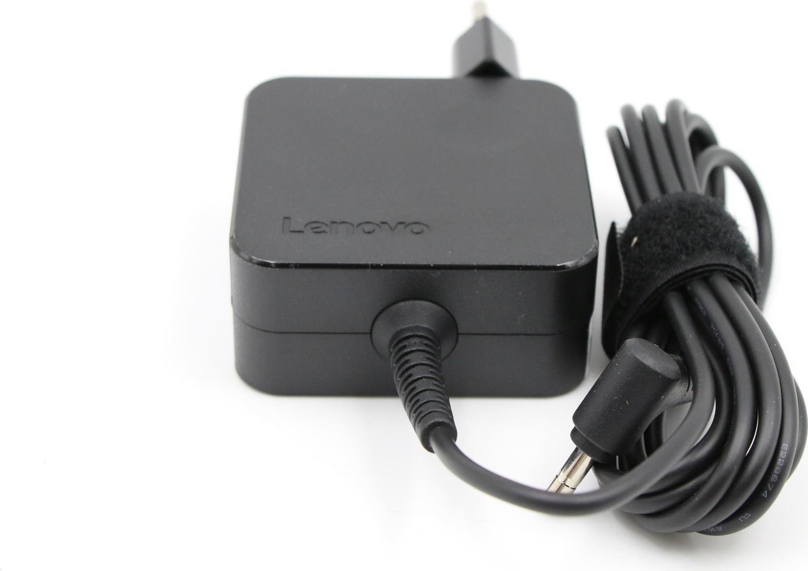 Black Lenovo 01FR147 power adapter with a compact square design, featuring a thick cable and a connector, ideal for indoor use with a 65 W output.
