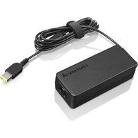 Black Lenovo 65W power adapter with rectangular design and attached cable, featuring a yellow-tipped connector.