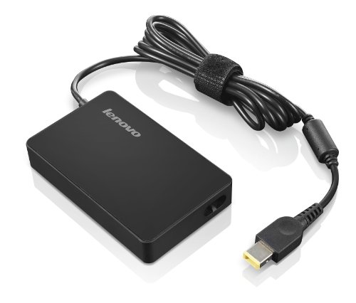 Black Lenovo 65W slim AC adapter with a textured surface, featuring a power input port and a USB connector, accompanied by a neatly wrapped cable secured with a Velcro strap.