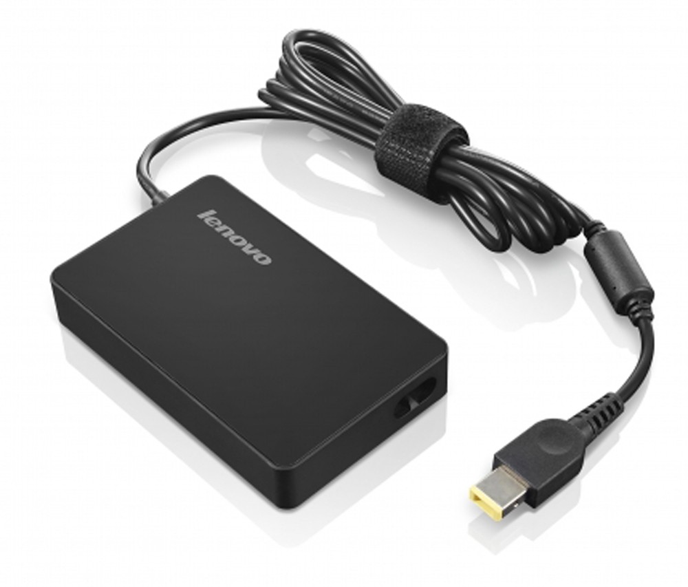 Lenovo 0C52635 power adapter in black, featuring a rectangular design, a detachable cable with a connector, and a Velcro strap for cable management, rated at 65 W.