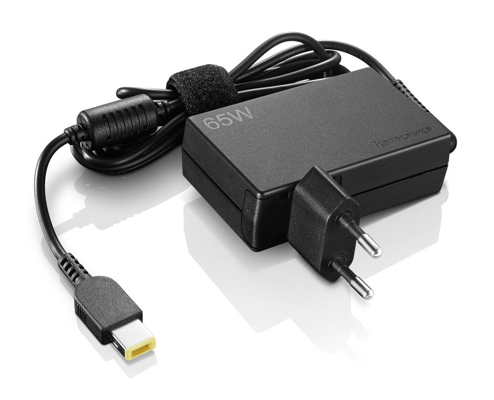 Black Lenovo 42T4421 power adapter with a 65W output, featuring a compact design, a two-prong plug, and a connected cable with a yellow tip.