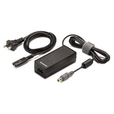 Black Lenovo 42T5282 power adapter with a rectangular design, featuring a power cord, a connector cable, and a Velcro strap for cable management, rated at 65 W.