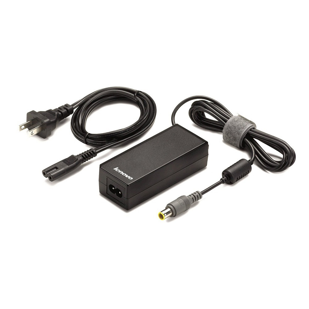 Black Lenovo 45N0489 power adapter with a rectangular design, featuring a power cord and a connector cable, designed for indoor use with a 65W output.