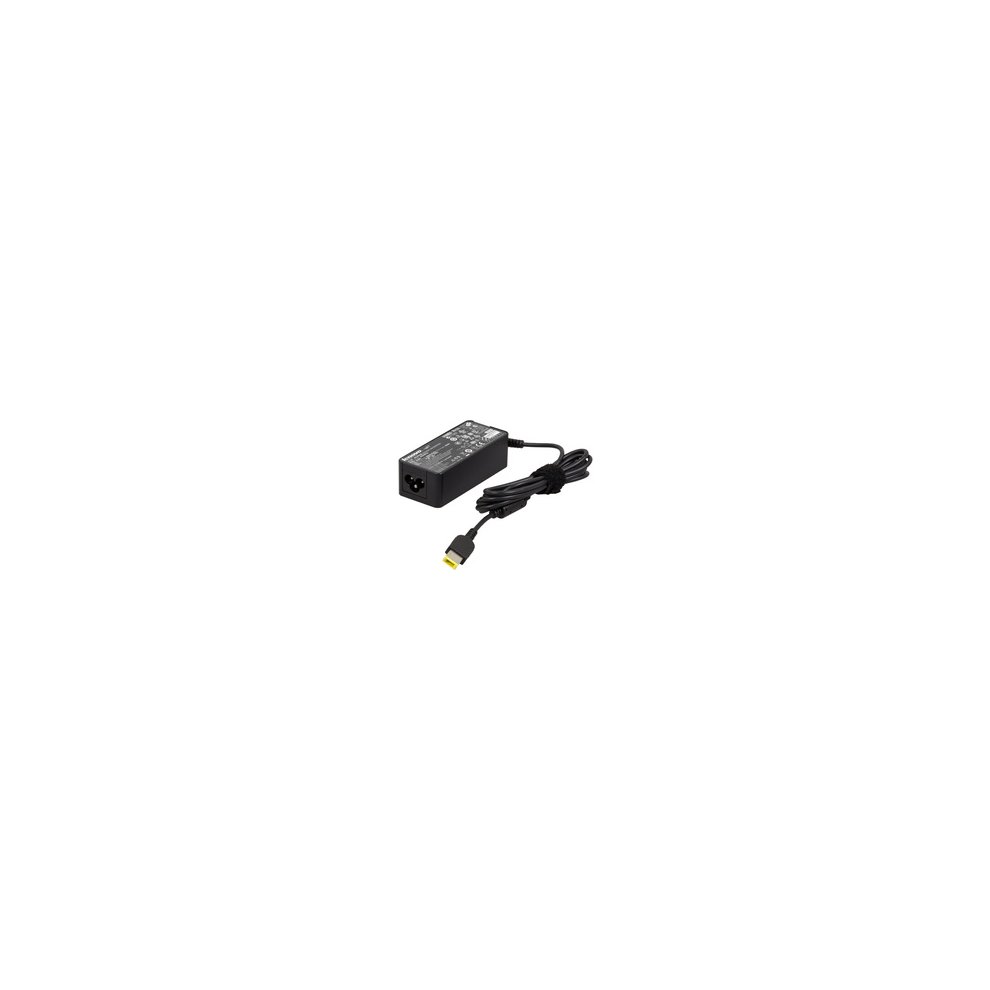 Black Lenovo 45W power adapter with a rectangular shape, featuring a cable and connector, labeled with voltage and amperage specifications.