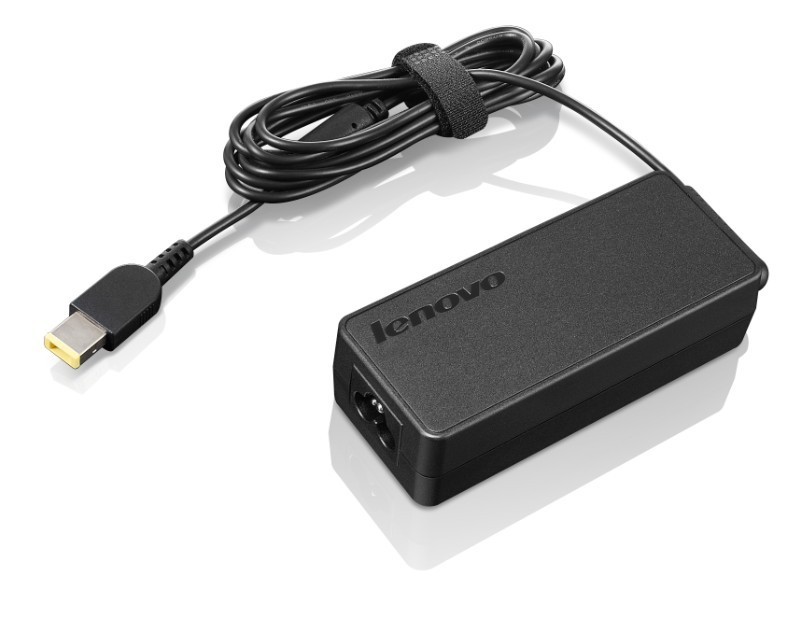 Black Lenovo 65W power adapter with a rectangular body, featuring a textured surface, a coiled cable, and a yellow-tipped connector for charging devices.