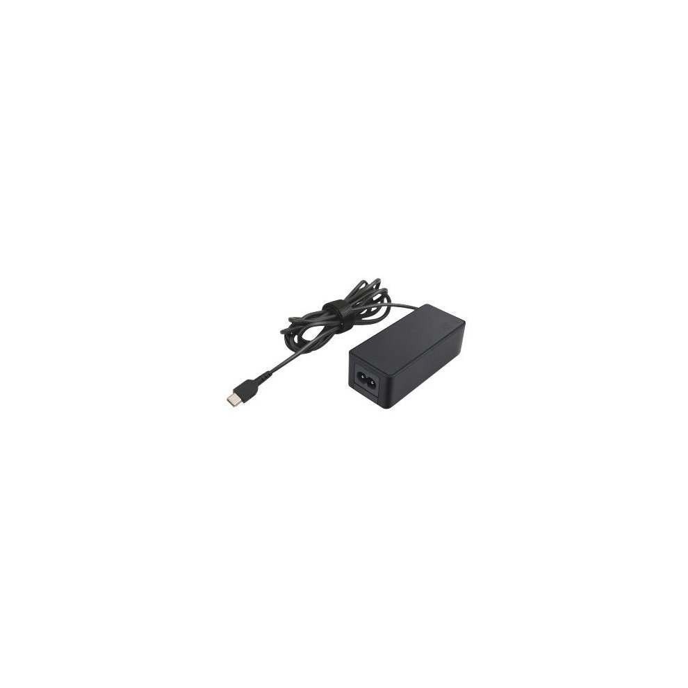 Black Lenovo 45W power adapter with a rectangular design, featuring a USB-C connector and a long cable for both auto and indoor use.