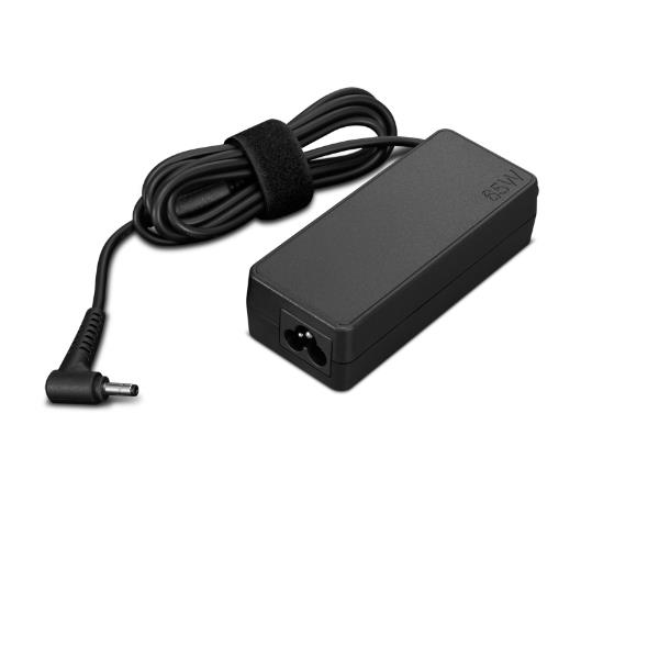 Black Lenovo 65W power adapter with a rectangular design, featuring a single output connector and a coiled cable secured with a Velcro strap.