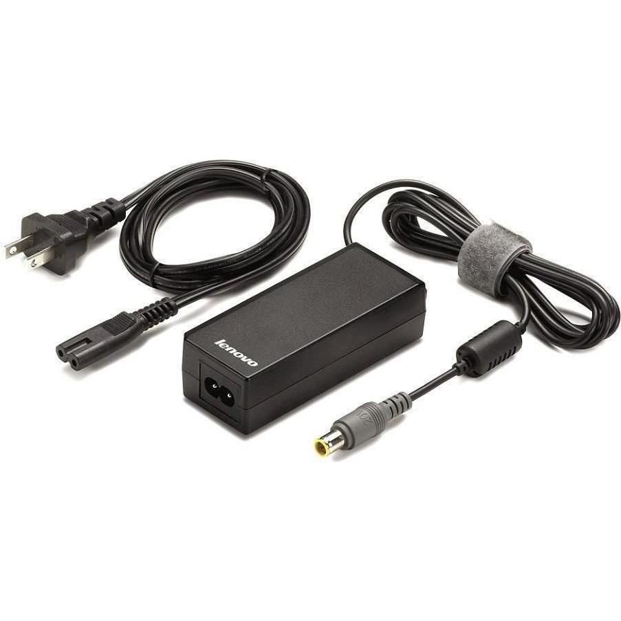 Black Lenovo 54Y8964 power adapter with a rectangular design, featuring a power input cable and a connector cable, designed for indoor use with a 65W output.