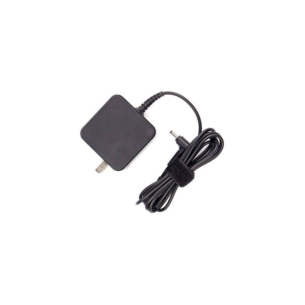 Black Lenovo 45W power adapter with a compact square design, featuring a detachable cable secured with a Velcro strap and a plug for indoor use.