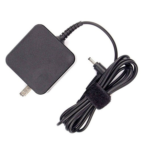 Black Lenovo 65W power adapter with a square body, featuring a detachable cord and a slim plug, designed for indoor use.