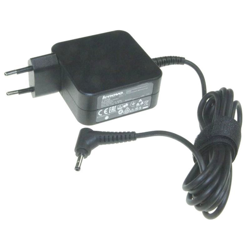 Black rectangular power adapter with a two-prong plug, featuring a coiled cable and a cylindrical connector, labeled with Lenovo branding and safety certifications.