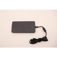Black Lenovo 230W power adapter with rectangular shape and attached cable coiled neatly.