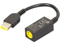 Black USB power conversion adapter with a yellow barrel connector, featuring a compact design and labeled specifications on one side.